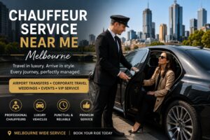 Luxury chauffeur service near me in Melbourne with professional driver assisting passenger into premium black sedan.